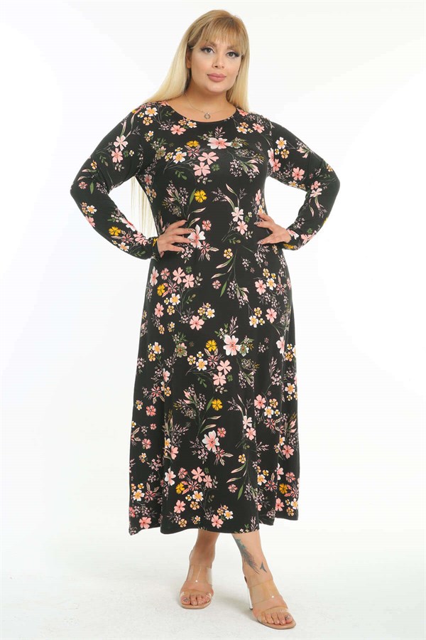 Kadın Siyah Pembe Kırçiçeği Desen Büyük Beden Maksi Elbise