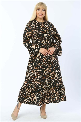 Kadın Kahve Bej Benek Desenli Biye Yaka Kol ve Etek Ucu Fırfırlı Büyük Beden Elbise