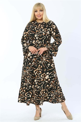 Kadın Kahve Bej Benek Desenli Biye Yaka Kol ve Etek Ucu Fırfırlı Büyük Beden Elbise