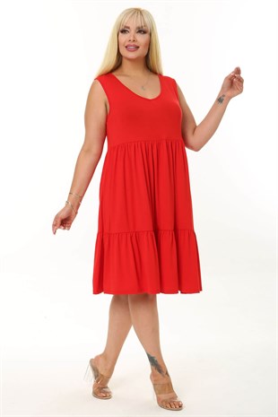 Kadın Kırmızı Büyük Beden Katlı Elbise