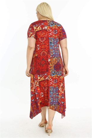 Kadın Kırmızı Etnik Desen Asimetrik Büyük Beden Elbise