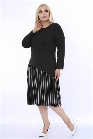 Kadın Siyah Beyaz Çizgi Desen Garni Detaylı Büyük Beden Elbise