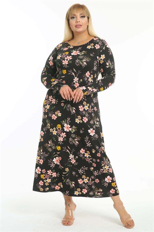 Kadın Siyah Pembe Kırçiçeği Desen Büyük Beden Maksi Elbise