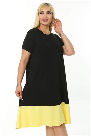 Kadın Siyah Sarı Renk Bloklu Büyük Beden Elbise