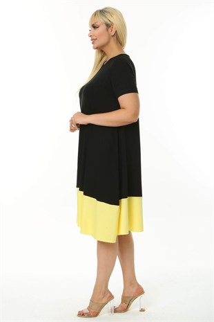 Kadın Siyah Sarı Renk Bloklu Büyük Beden Elbise