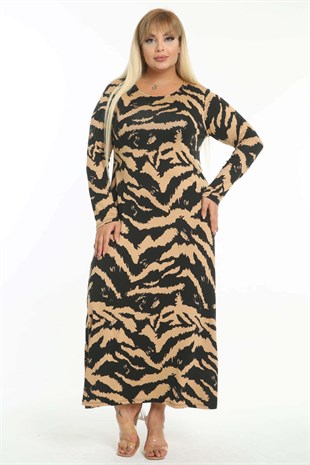 Kadın Vizon Tiger Desen Büyük Beden Maksi Elbise